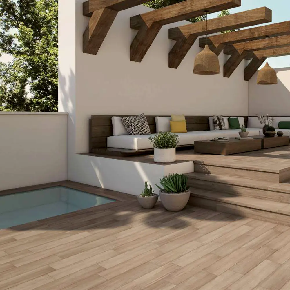 margelle de piscine et terrasse imitation bois