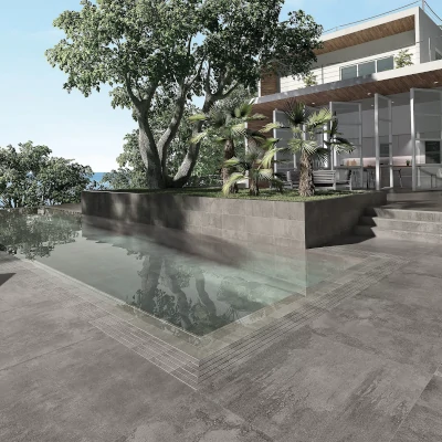 Carrelage pour piscine et terrasse, grands carreaux effet béton