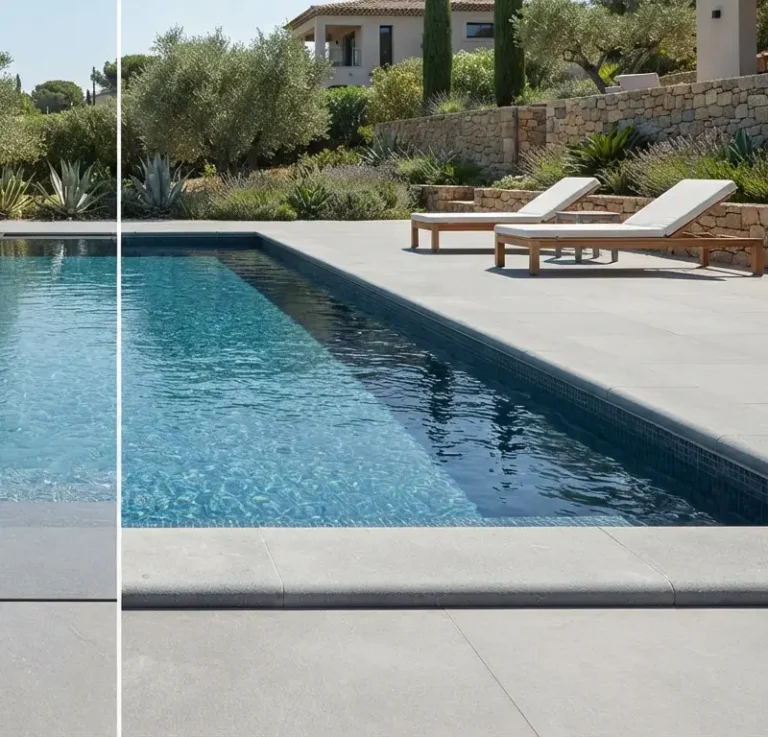 comparatif entre margelle ou carrelage piscine avec un rev&ecirc;tement en gr&egrave;s c&eacute;rame grand format