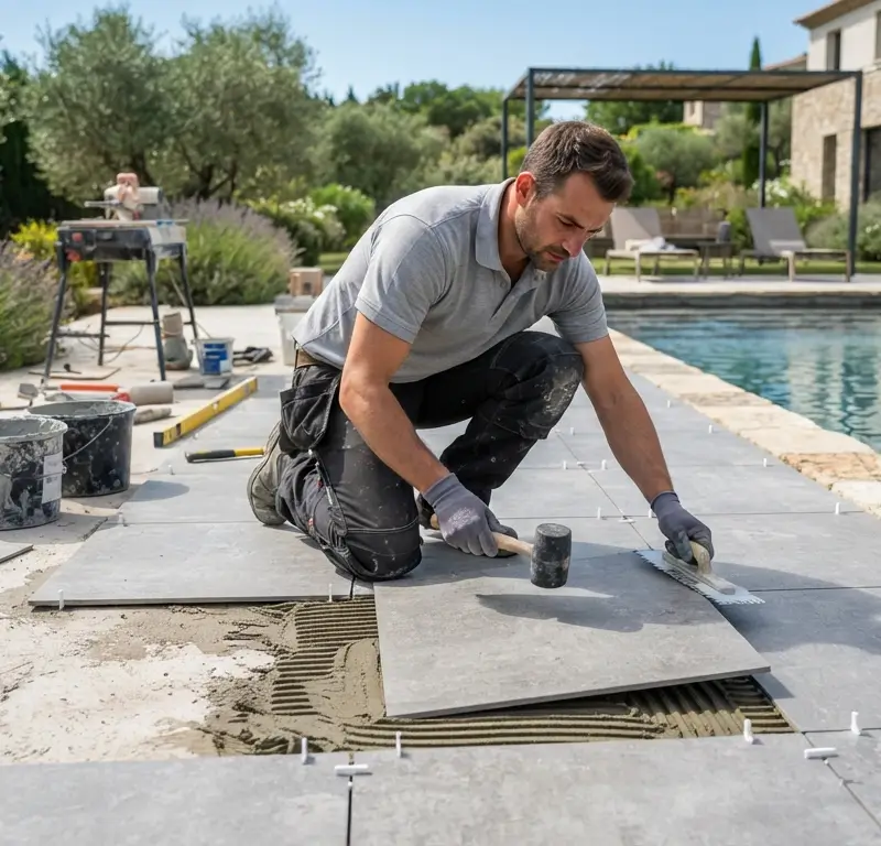 Pose de carrelage gr&egrave;s c&eacute;rame sur une terrasse de piscine en ext&eacute;rieur