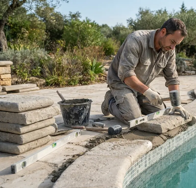 Mise en place d&rsquo;&eacute;l&eacute;ments de margelle traditionnelle lors de la construction d&rsquo;une piscine
