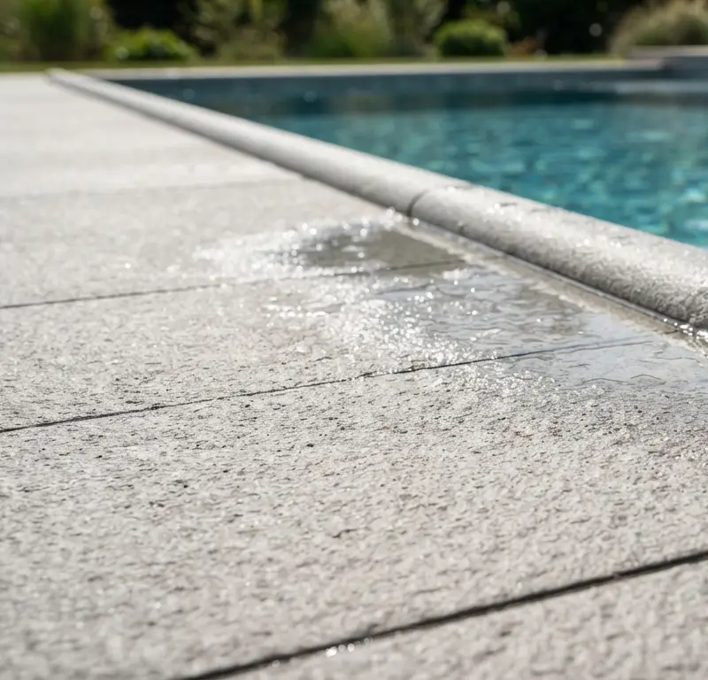 Détail de la finition antidérapante d'un carrelage autour du bassin