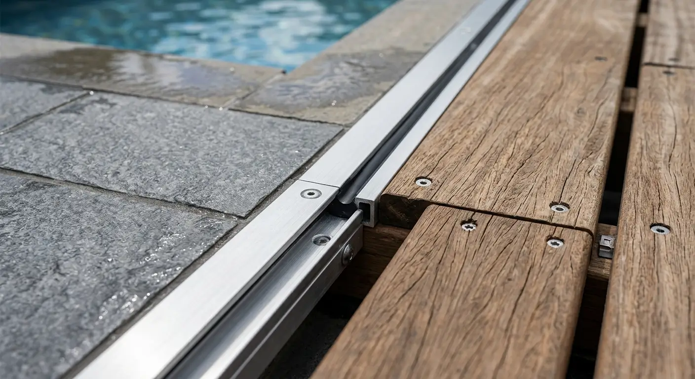 Détail de jonction technique entre terrasse bois et carrelage de piscine