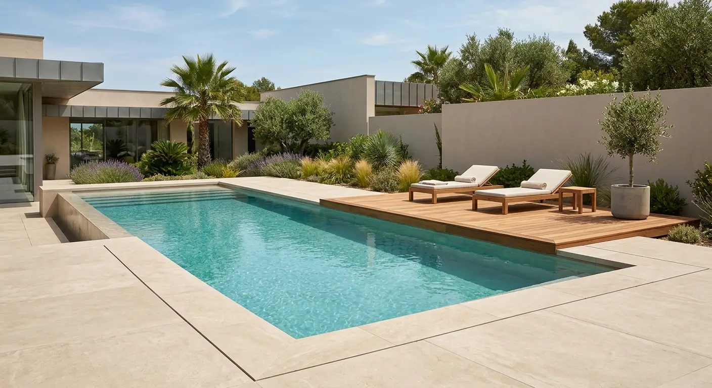 Aménagement moderne combinant plage de piscine en carrelage grand format et terrasse bois