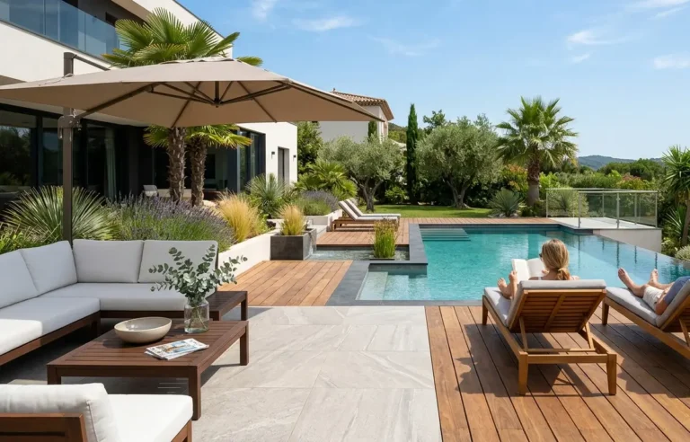 terrasse piscine bois et carrelage avec bassin moderne et mobilier de jardin