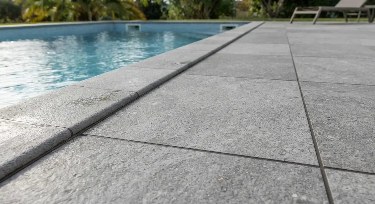 Carrelage gr&egrave;s c&eacute;rame ton gris pour plage de piscine