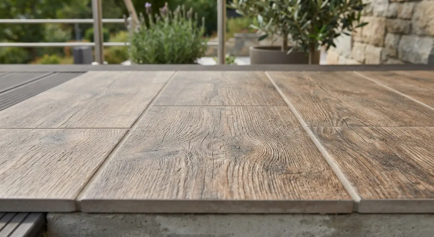 Carrelage gr&egrave;s c&eacute;rame imitation bois autour du bassin