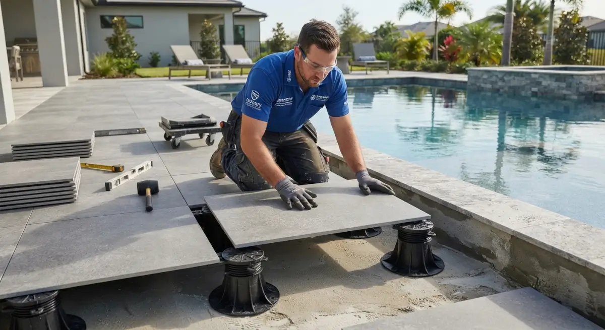 Pose sur plots de dalles en grès cérame autour de la piscine