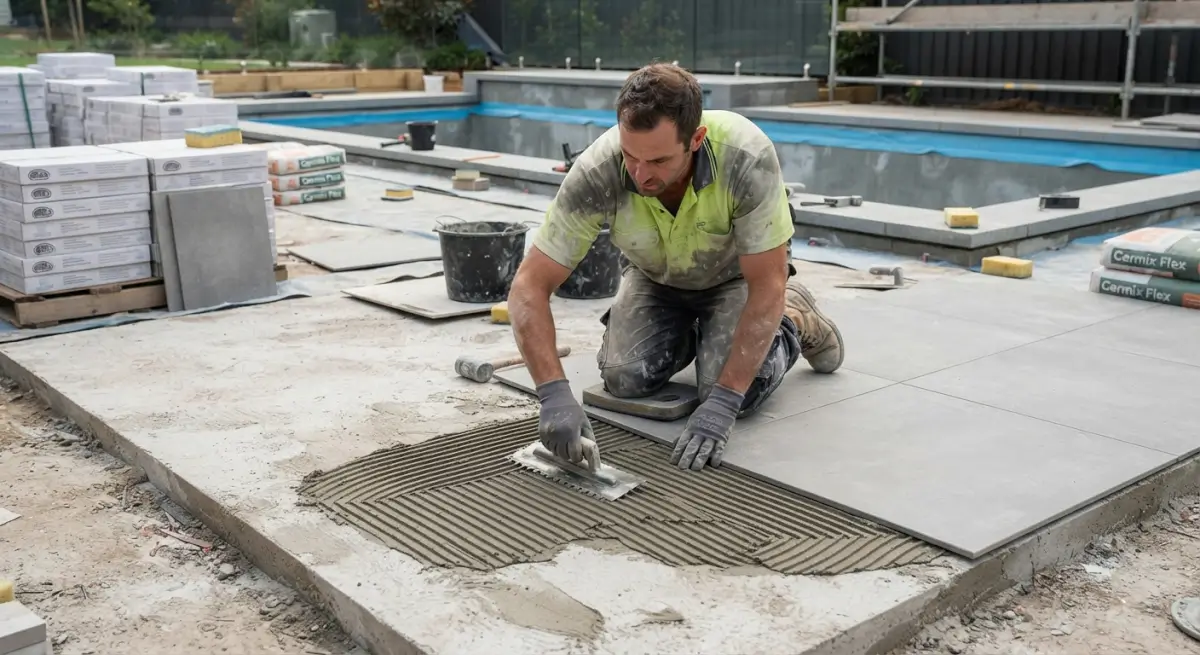 Application de colle pour carrelage extérieur de piscine