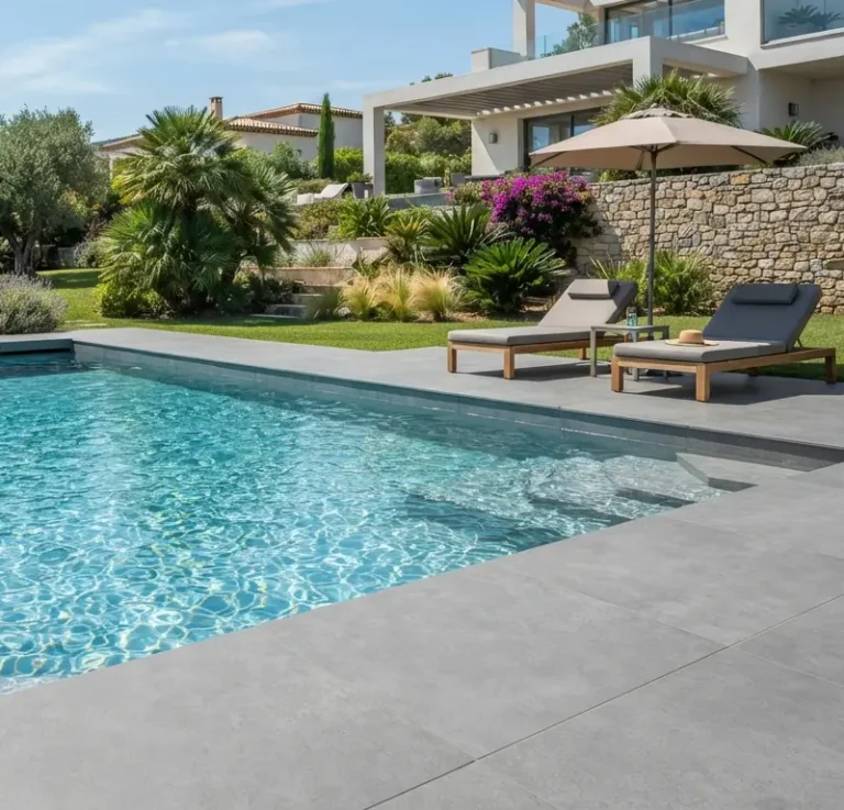 carrelage gr&egrave;s c&eacute;rame grand format pos&eacute; sur la plage de piscine ext&eacute;rieure
