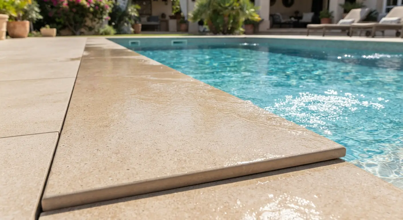 Dalle en gr&egrave;s c&eacute;rame ton sable pour eau turquoise
