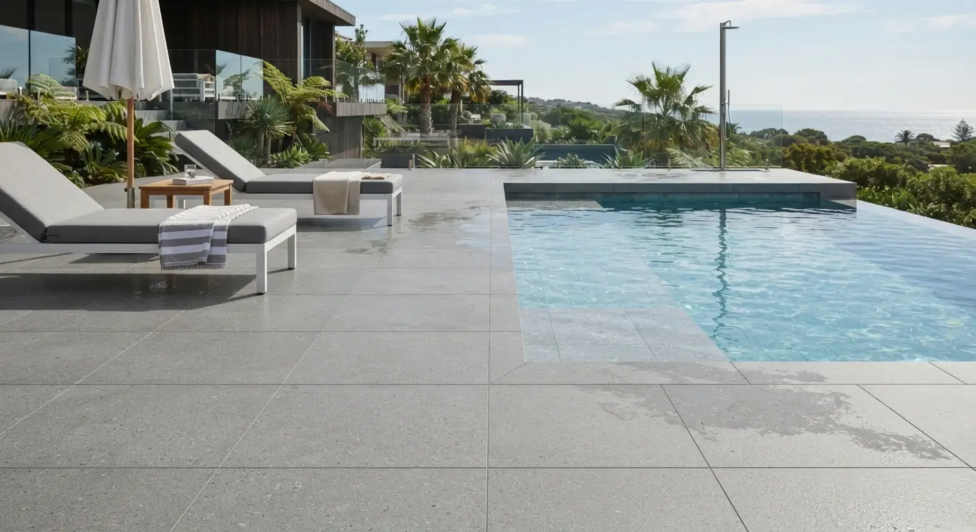 Carrelage gr&egrave;s c&eacute;rame gris pour bassin moderne