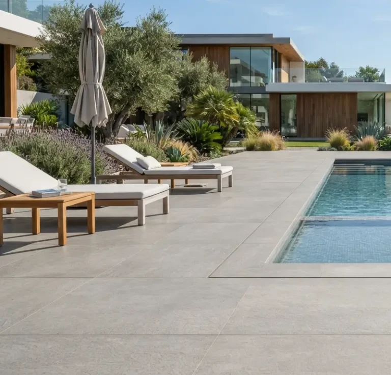 quel carrelage pour piscine moderne posé en grand format autour du bassin