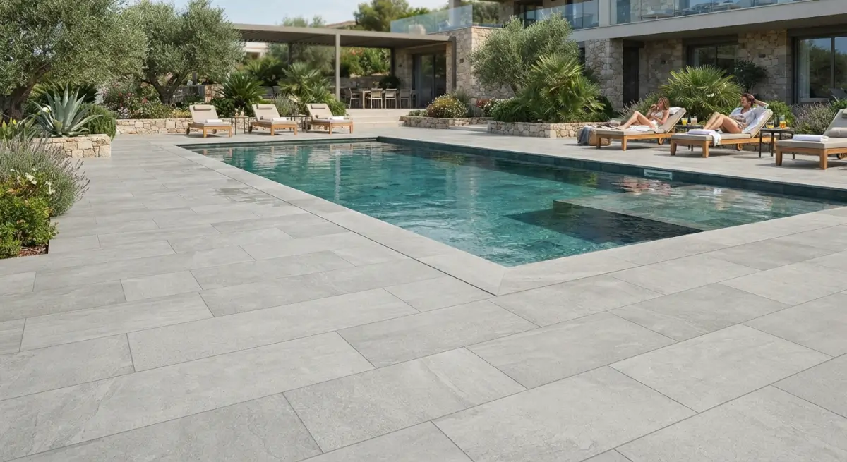 Dalles de grès cérame effet pierre naturelle sur la plage de la piscine