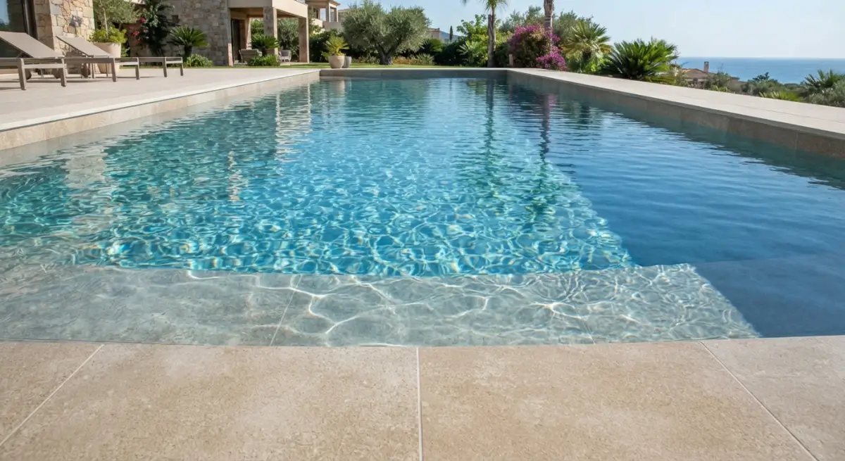 couleur eau piscine carrelage avec reflets lumineux sur les dalles ceramiques