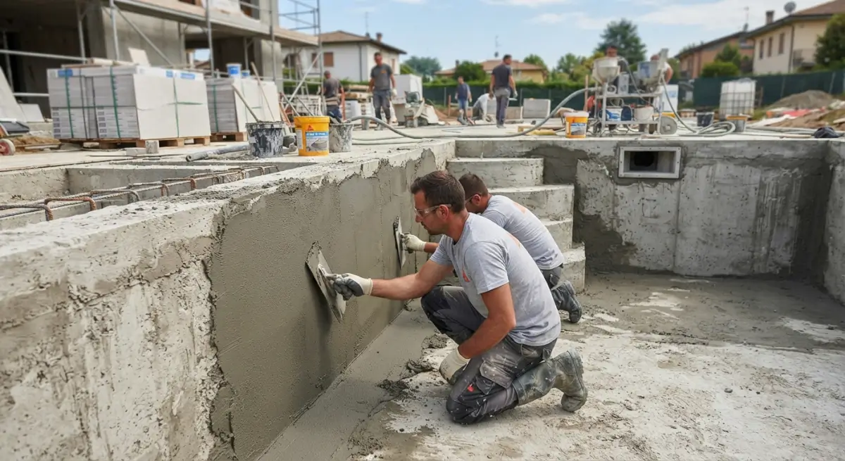 pose de carrelage piscine sur un support en béton étanchéifié