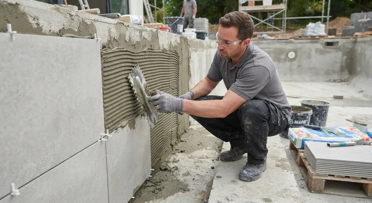 pose de carrelage piscine avec application de mortier colle hydrofuge