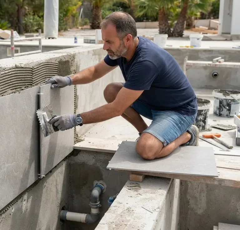 pose de carrelage piscine par un particulier en phase de chantier